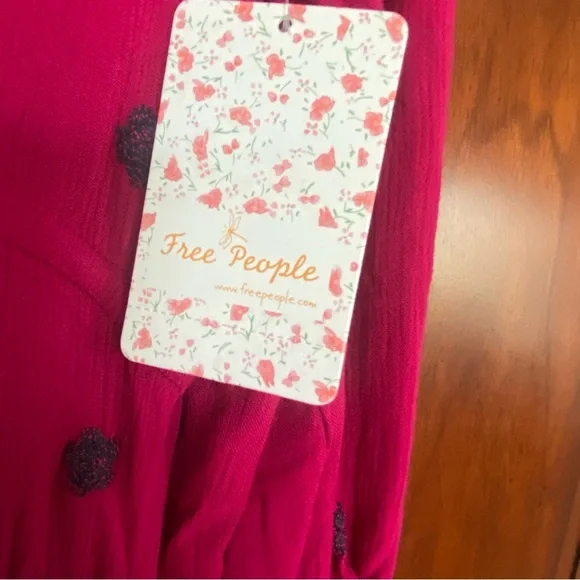 Free People Magenta Combo Embroidered V-Neck 3/4 Sleeve Maxi Dress Medium M - Picture 4 of 6